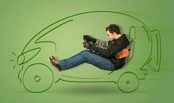 Homem dirige um eco friendy elétrico mão desenhada carro — Fotografia de Stock