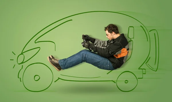 El hombre conduce un coche eléctrico ecológico dibujado a mano —  Fotos de Stock