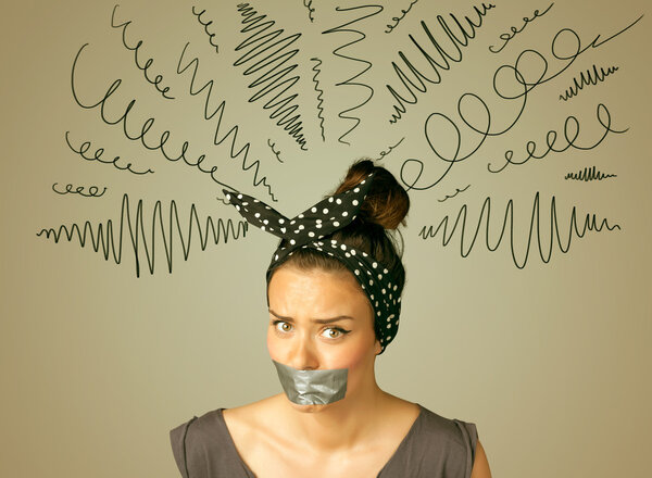 Young woman with glued mouth and curly lines