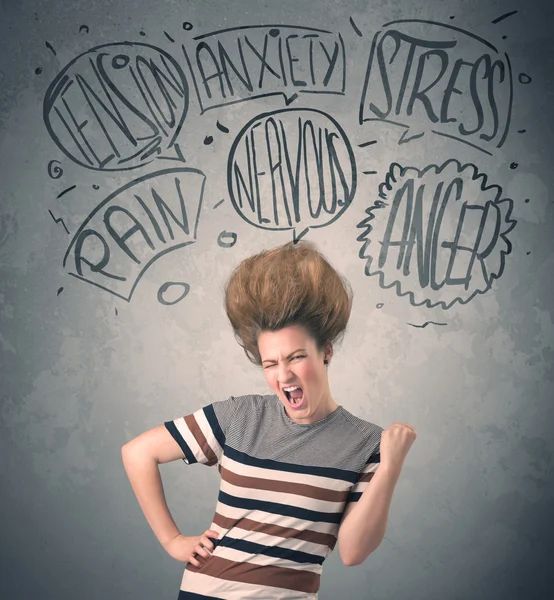 Mad young woman with extreme haisrtyle and speech bubbles — Stock Photo, Image