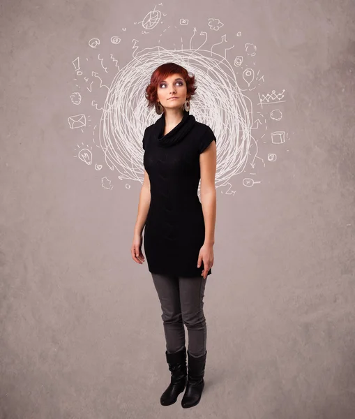 Pretty young girl with abstract circular doodle lines and icons — Stock Photo, Image