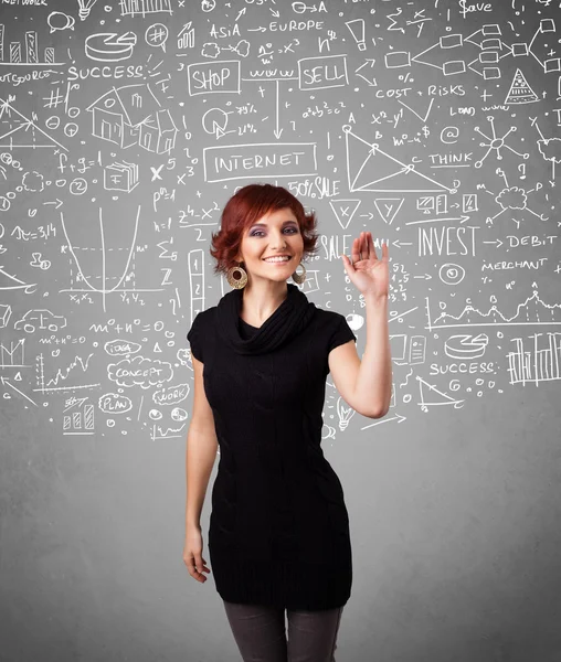 Young pretty lady with hand drawn calculations and icons — Stock Photo, Image