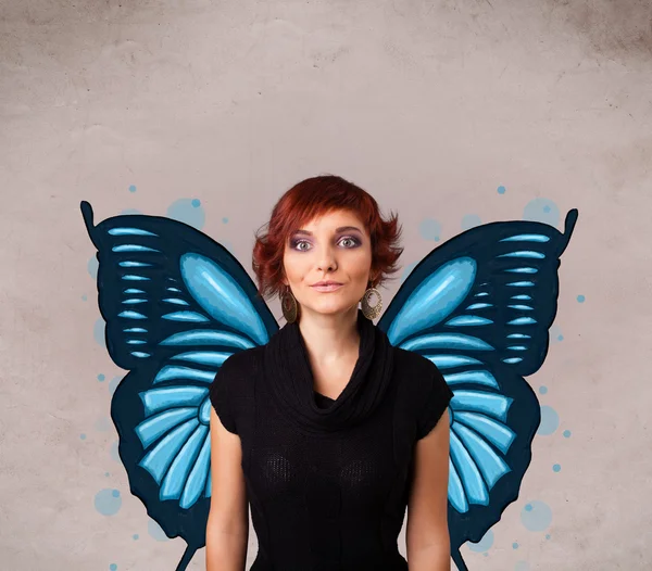 Ung flicka med fjäril blå illustration på baksidan — Stockfoto