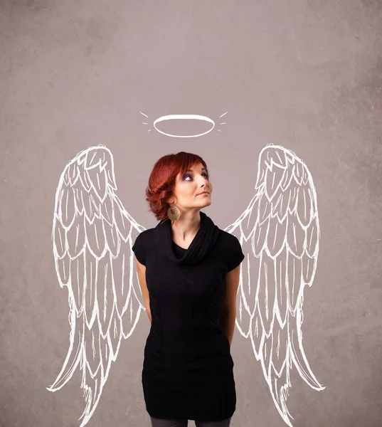 Мила дівчина з ангелом ілюстровані крила — стокове фото