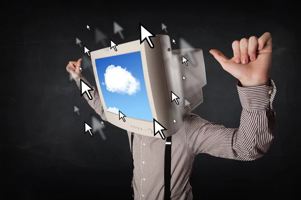 Uomo d'affari con un monitor in testa, sistema cloud e punta — Foto Stock
