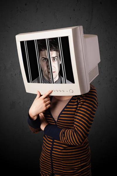 A monitor a fej traped a digitális Igazg üzletember — Stock Fotó