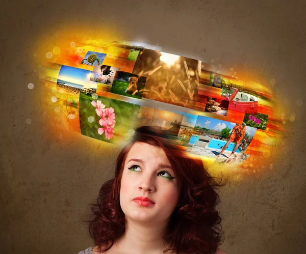 Girl with colorful glowing photo memories concept — Stock Photo, Image