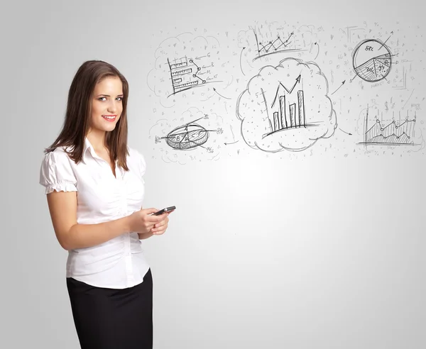 Business girl presenting hand drawn sketch graphs and charts — Stock Photo, Image