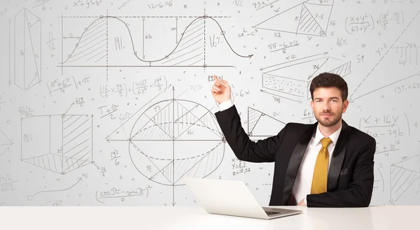 Businessman with business calculations background — Stock Photo, Image