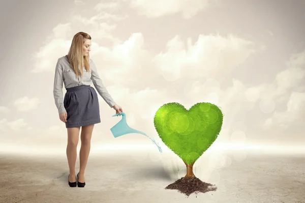 Business woman watering heart shaped green tree — Stock Photo, Image