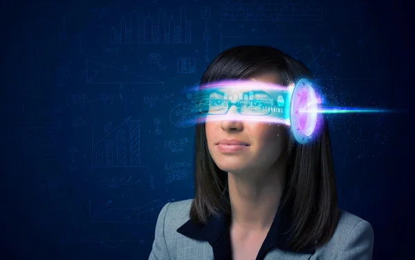 Woman from future with high tech smartphone glasses — Stock Photo, Image