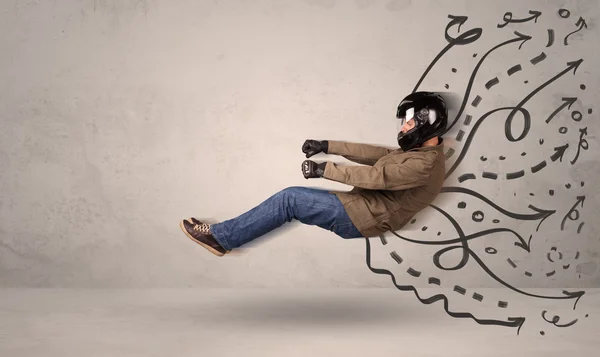 Hombre divertido conduciendo un vehículo volador con líneas dibujadas a mano después de h —  Fotos de Stock