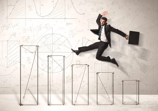 Fast business man jumping up on hand drawn charts — Stock Photo, Image