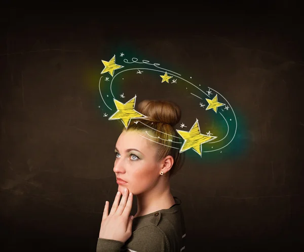 Girl with yellow stars circleing around her head illustration — Stock Photo, Image