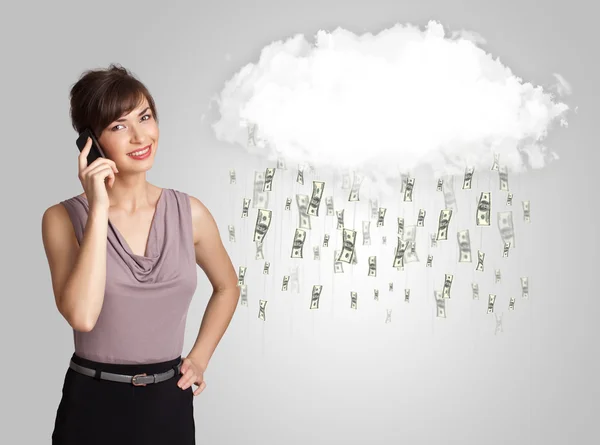 Woman with cloud and money rain concept — Stock Photo, Image