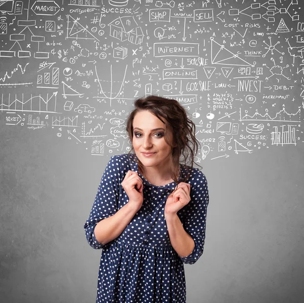 Junge hübsche Dame mit handgezeichneten Berechnungen und Symbolen — Stockfoto