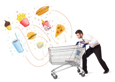 adam zehirli abur cubur ile alışveriş sepeti ile
