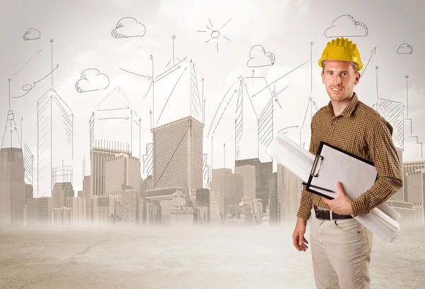 Business engineer planing at construction site with city backgro — Stock Photo, Image