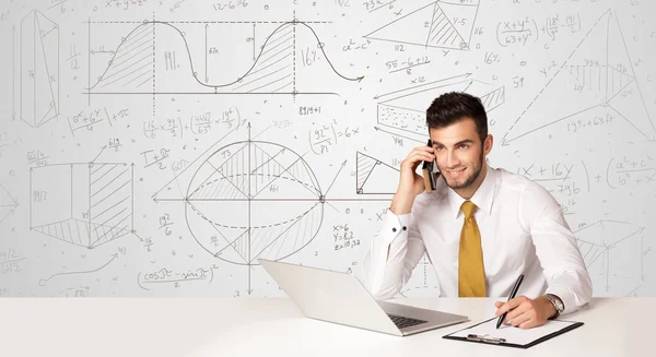 Businessman with business calculations background — Stock Photo, Image