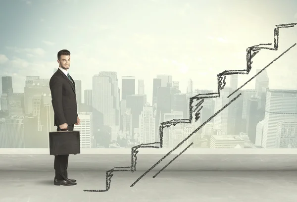 Business man climbing up on hand drawn staircase concept — Stock Photo, Image