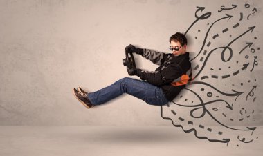 Komik adam h sonra elle çizilmiş çizgiler ile uçan bir aracın sürüş