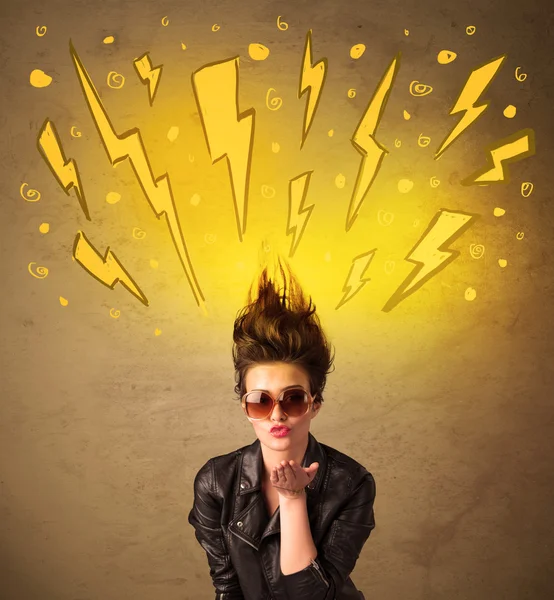 Young woman with hair style and hand drawn lightnings — Stock Photo, Image