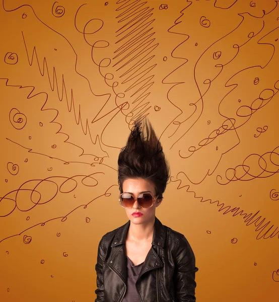 Excited young woman with extreme hairtsyle and hand drawn lines — Stock Photo, Image