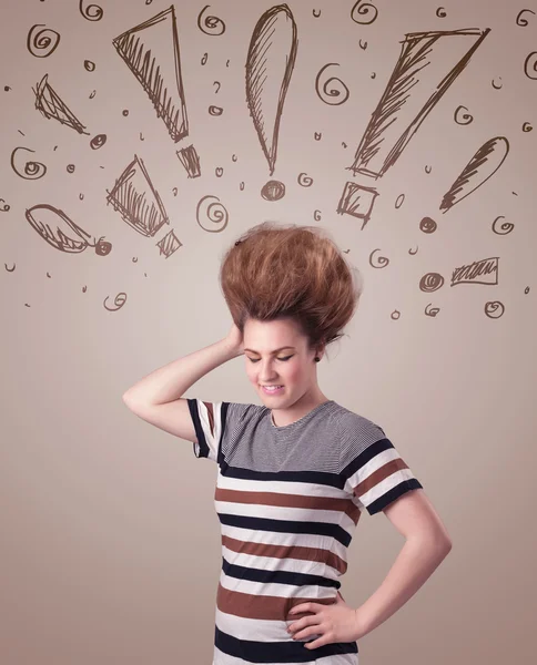 Young woman with hair style and hand drawn exclamation signs — Stock Photo, Image