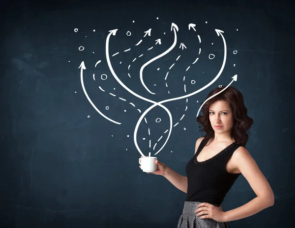 Businesswoman holding a white cup with lines and arrows — Stock Photo, Image