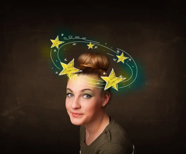 Chica con estrellas amarillas dando vueltas alrededor de su cabeza ilustración — Foto de Stock