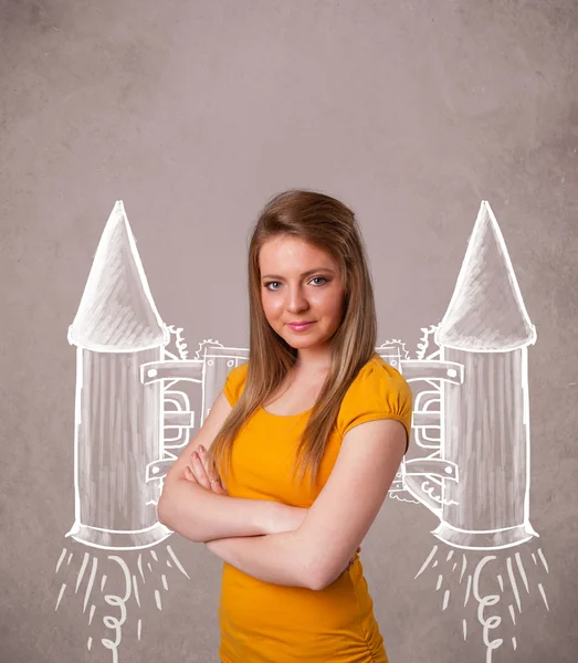 Cute girl with jet pack rocket drawing illustration — Stock Photo, Image