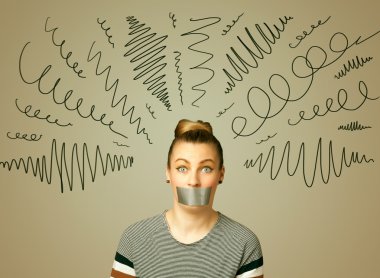 Young woman with glued mouth and curly lines clipart