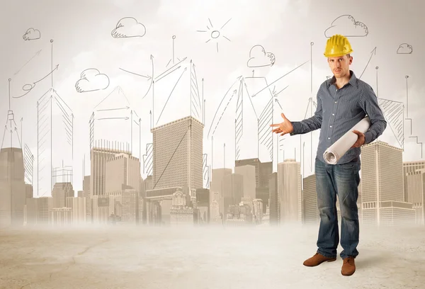 Business engineer planing at construction site with city backgro — Stock Photo, Image