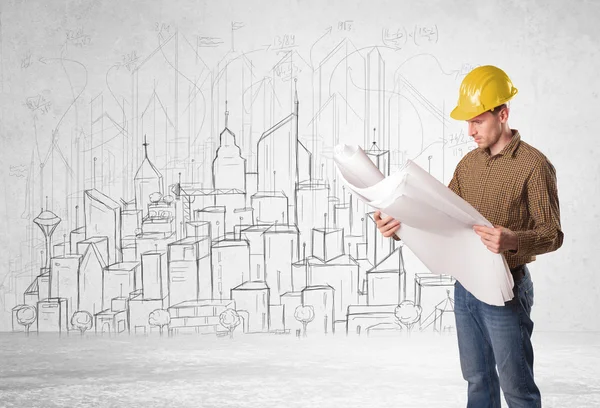 Construction worker with cityscape background — Stock Photo, Image