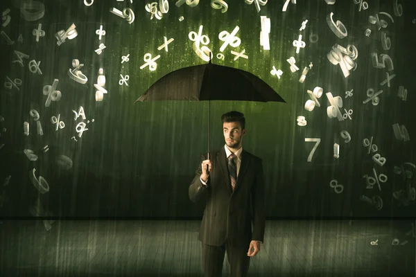 Businessman standing with umbrella and 3d numbers raining concep — Stock Photo, Image