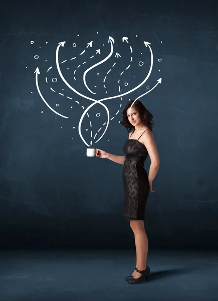 Businesswoman holding a white cup with lines and arrows — Stock Photo, Image