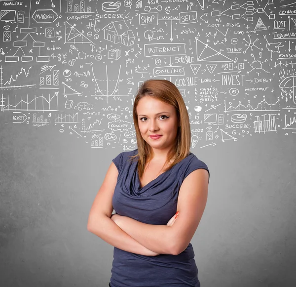 Young pretty lady with hand drawn calculations and icons — Stock Photo, Image