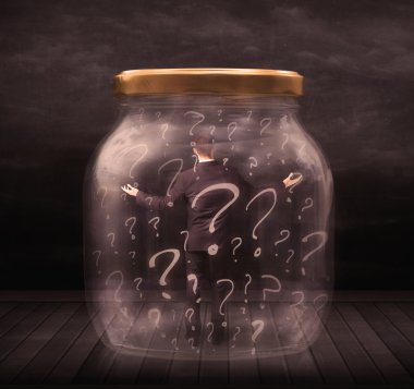 Businessman locked into a jar with question marks concept clipart