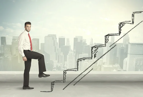 Business man climbing up on hand drawn staircase concept — Stock Photo, Image