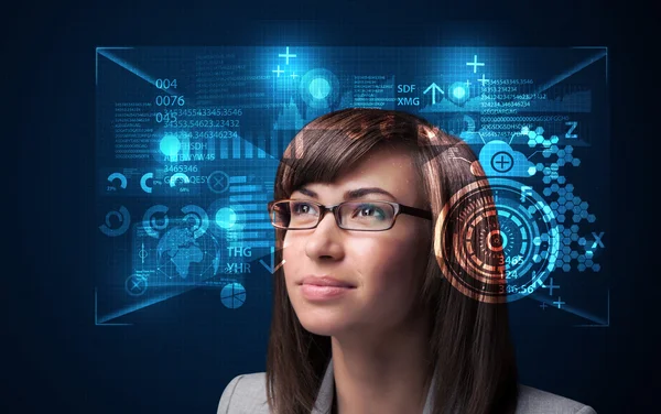 Young woman looking with futuristic smart high tech glasses — Stock Photo, Image