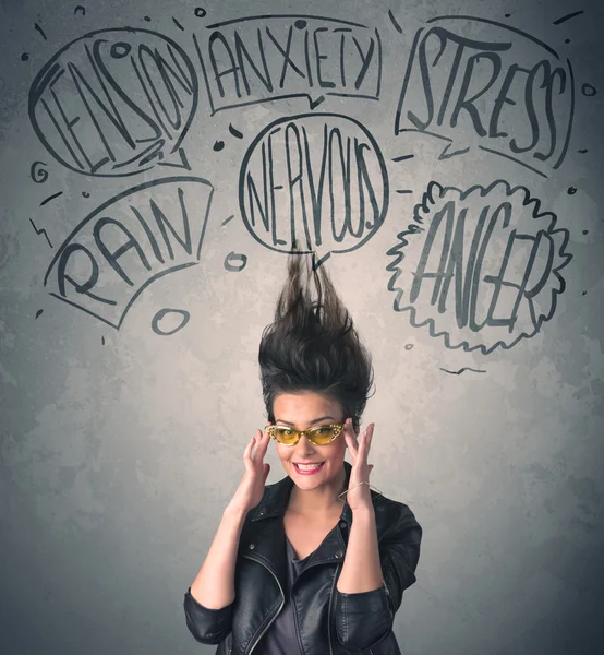 Mad young woman with extreme haisrtyle and speech bubbles — Stock Photo, Image