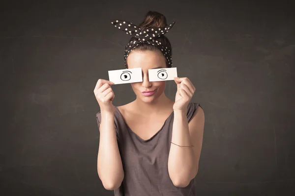 Funny woman looking with hand drawn paper eyes — Stock Photo, Image