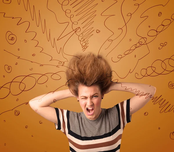 Mujer joven emocionada con peinado extremo y líneas dibujadas a mano — Foto de Stock