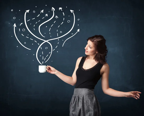 Businesswoman holding a white cup with lines and arrows — Stock Photo, Image