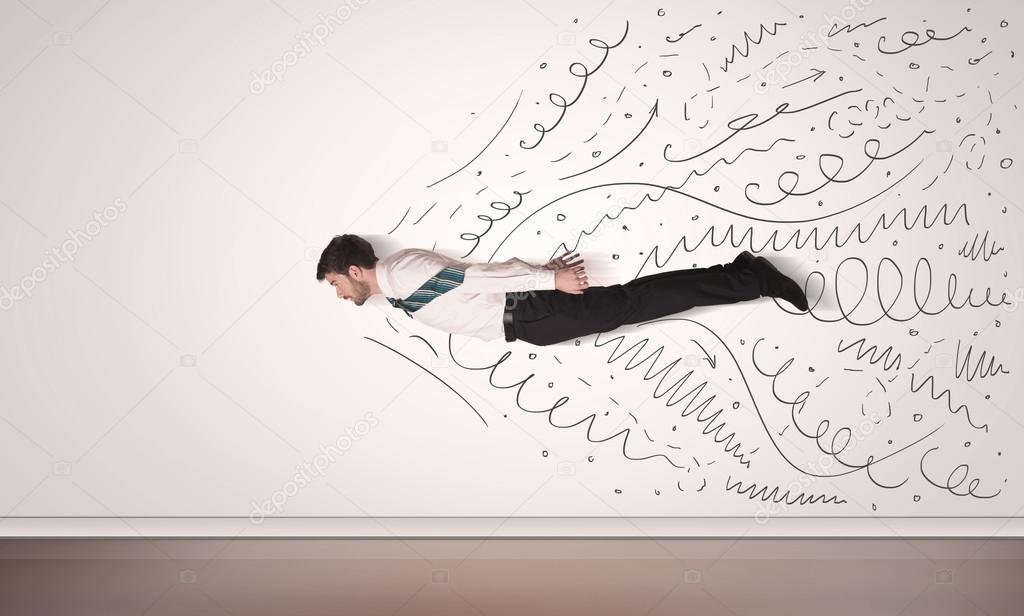 Business man flying with hand drawn lines comming out 