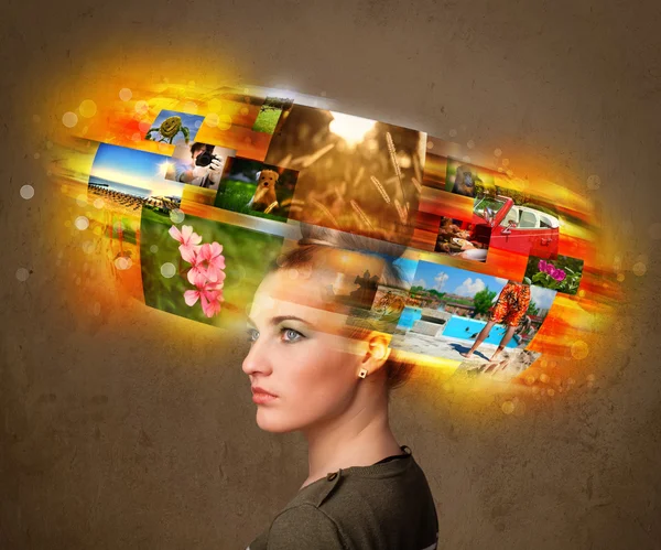 Girl with colorful glowing photo memories concept — Stock Photo, Image