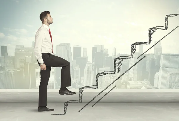 Business man climbing up on hand drawn staircase concept — Stock Photo, Image