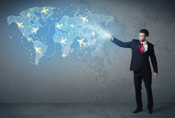 Business person showing digital map with planes around the world — Stock Photo, Image