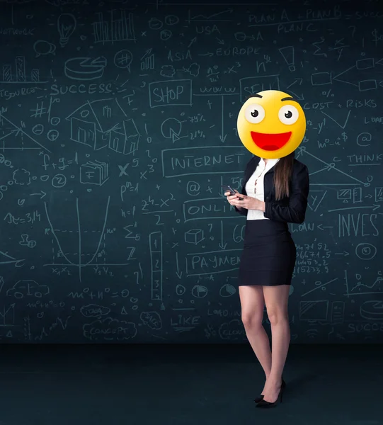 businesswoman wears yellow smiley face
