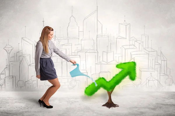 Business woman watering green plant arrow — Stock Photo, Image